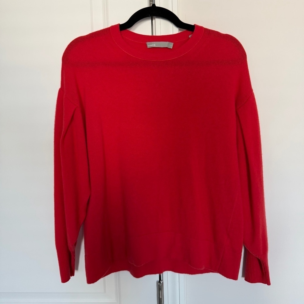 Vince Cashmere Pleated Sleeve Crew Sweater Poppy Orange Red - Picture 3 of 9